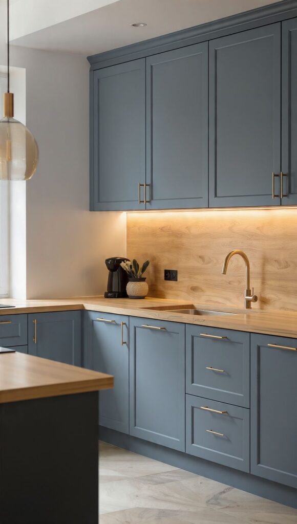 metalli ottone spazzolato nickel satinato cucina celeste legno