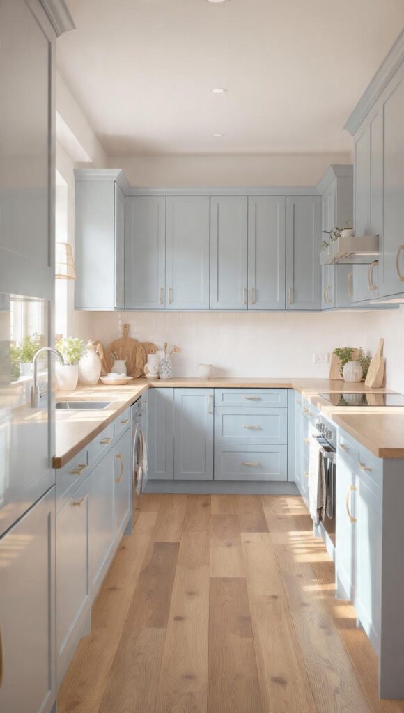 cucina esposta a nord celeste legno rovere dorato superfici chiare