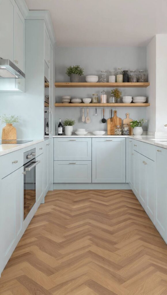 pavimento parquet spina di pesce rovere cucina celeste legno