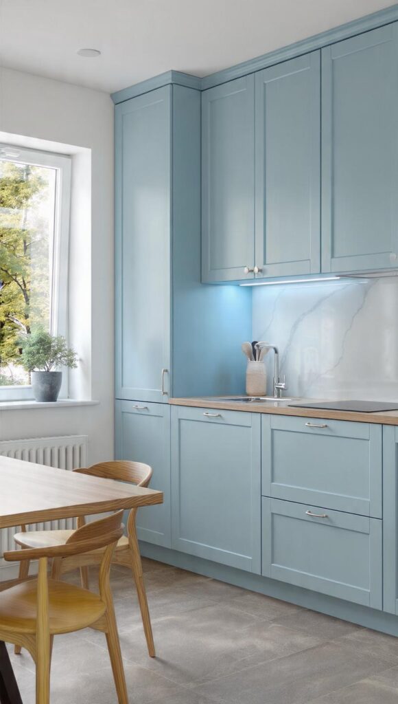 pavimento grigio caldo medio cucina celeste polvere legno