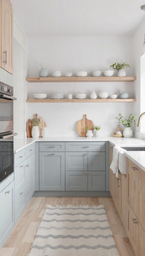 cucina nordico luminoso celeste polvere opaco rovere chiaro top bianco