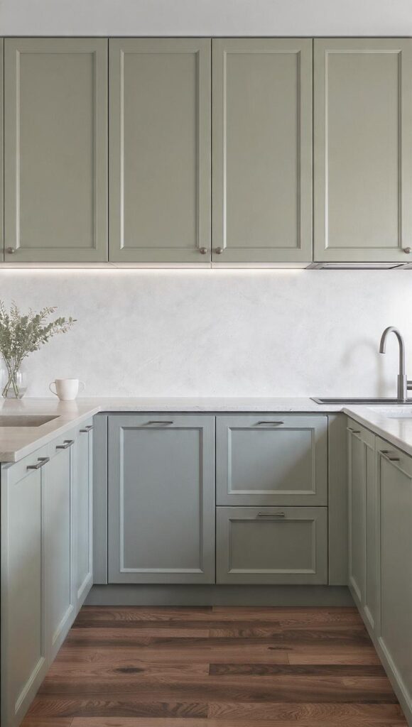 cucina japandi celeste salvia desaturato frassino top gres pietra