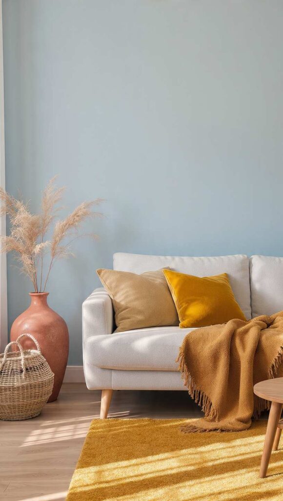 Soggiorno con pareti celesti e dettagli terracotta sabbia cammello senape, soluzione come scaldare stanza pareti celesti
