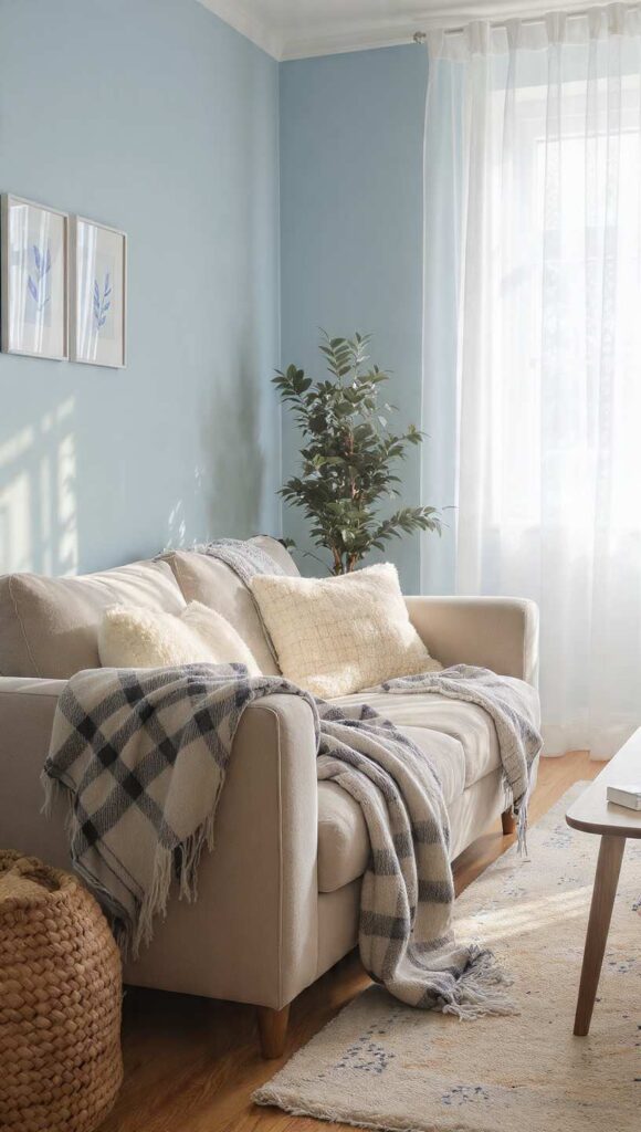 Soggiorno con pareti celesti e plaid in lana merino mohair sui braccioli, come scaldare stanza pareti celesti