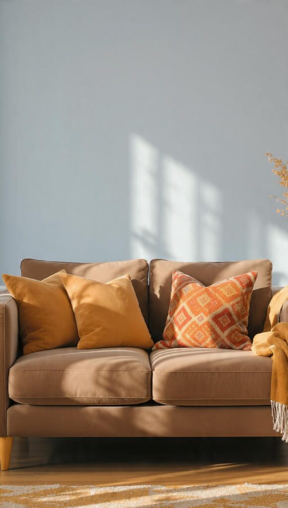 Divano con pareti celesti e cuscini cammello e pattern etnico terracotta senape, come scaldare stanza pareti celesti