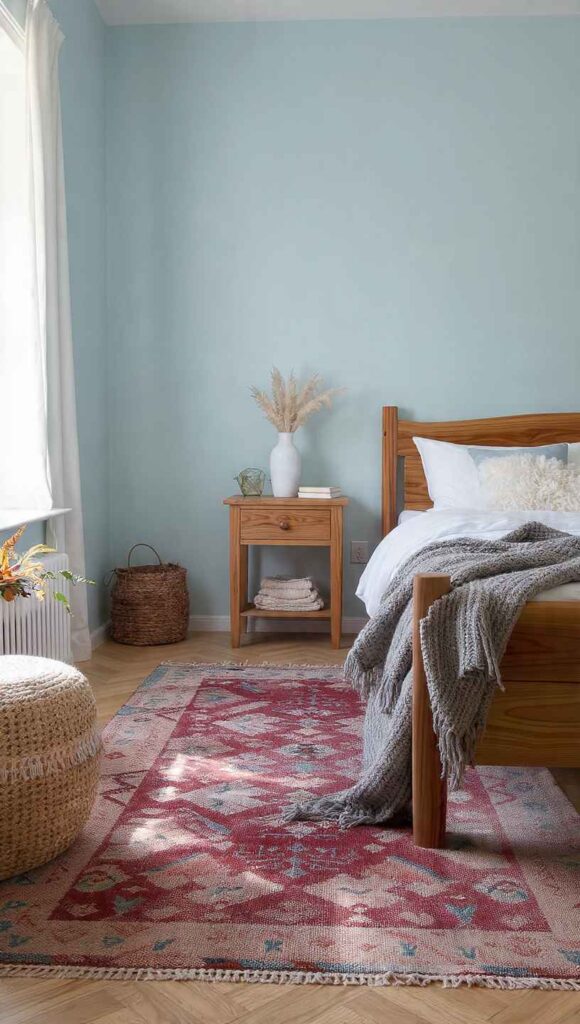 Camera con pareti celesti e tappeto kilim vintage juta bordo cotone, idea come scaldare stanza pareti celesti