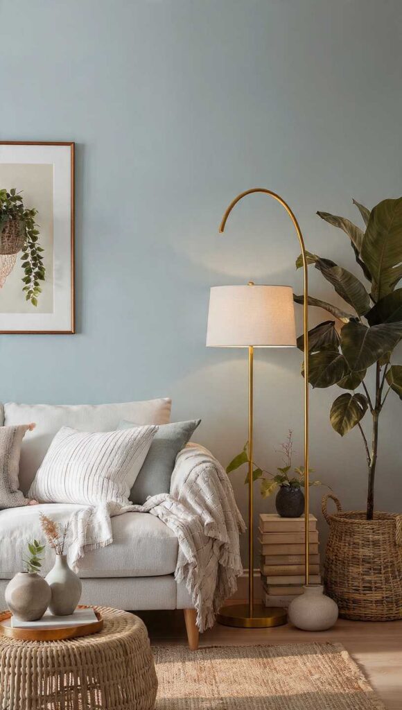 Soggiorno con pareti celesti, lampada arco ottone marmo, ceramiche rattan e piante ficus monstera, come scaldare stanza pareti celesti