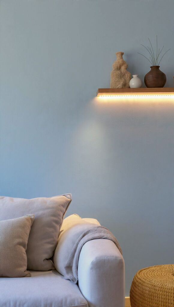 Parete celeste con mensola illuminata da striscia LED warm white, come scaldare stanza pareti celesti