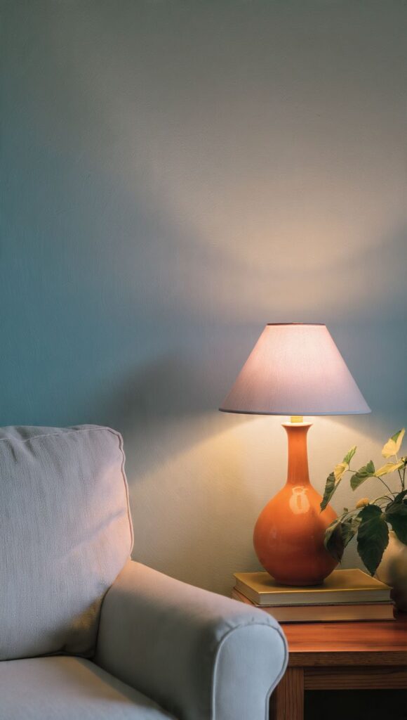 Angolo lettura con pareti celesti e lampada da tavolo ceramica terracotta, come scaldare stanza pareti celesti