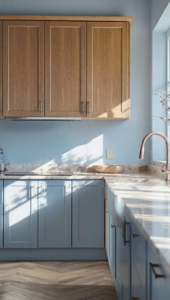 Cucina con pareti celesti, pensili legno chiaro e top pietra calda, come scaldare stanza pareti celesti