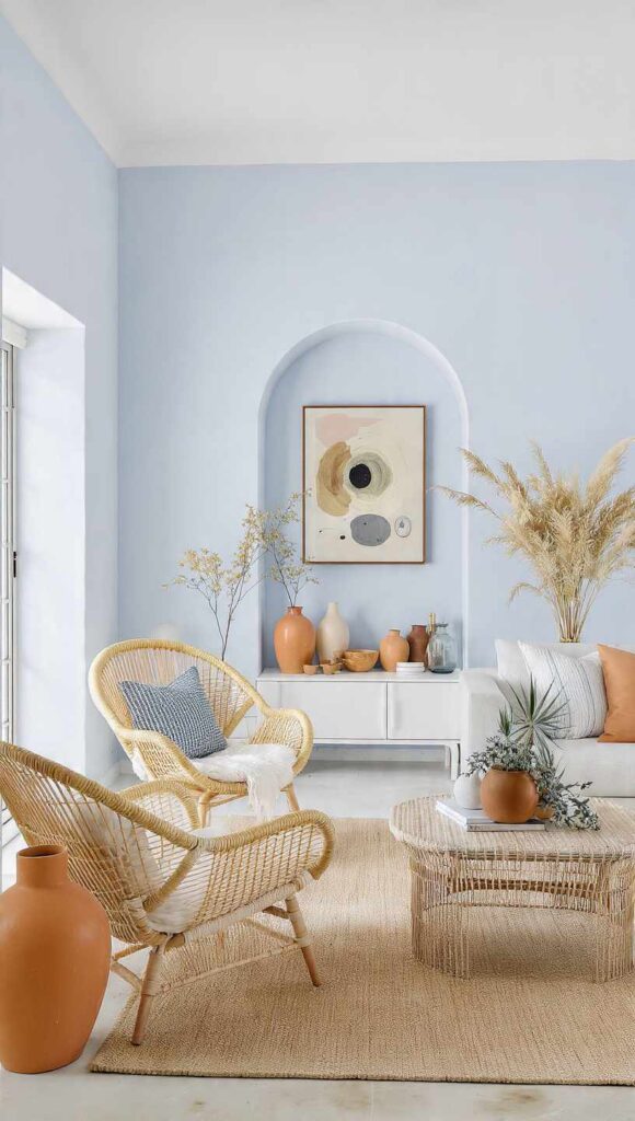 Interno con pareti celesti stile mediterraneo moderno terracotta rattan, come scaldare stanza pareti celesti