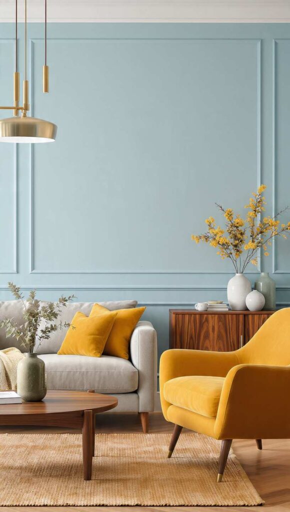 Soggiorno con pareti celesti stile mid-century noce senape ottone, come scaldare stanza pareti celesti