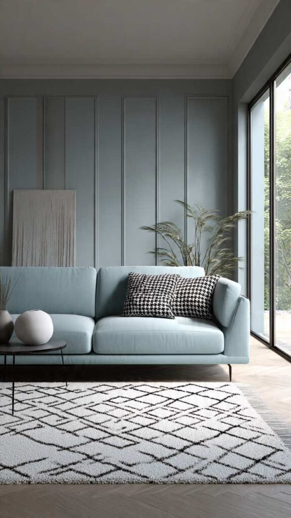 Divano celeste con tappeto geometrico moderno per soggiorno minimalista
