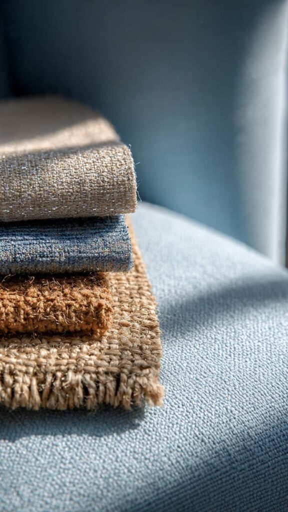 Materiali tappeto lana viscosa jute per divano celeste