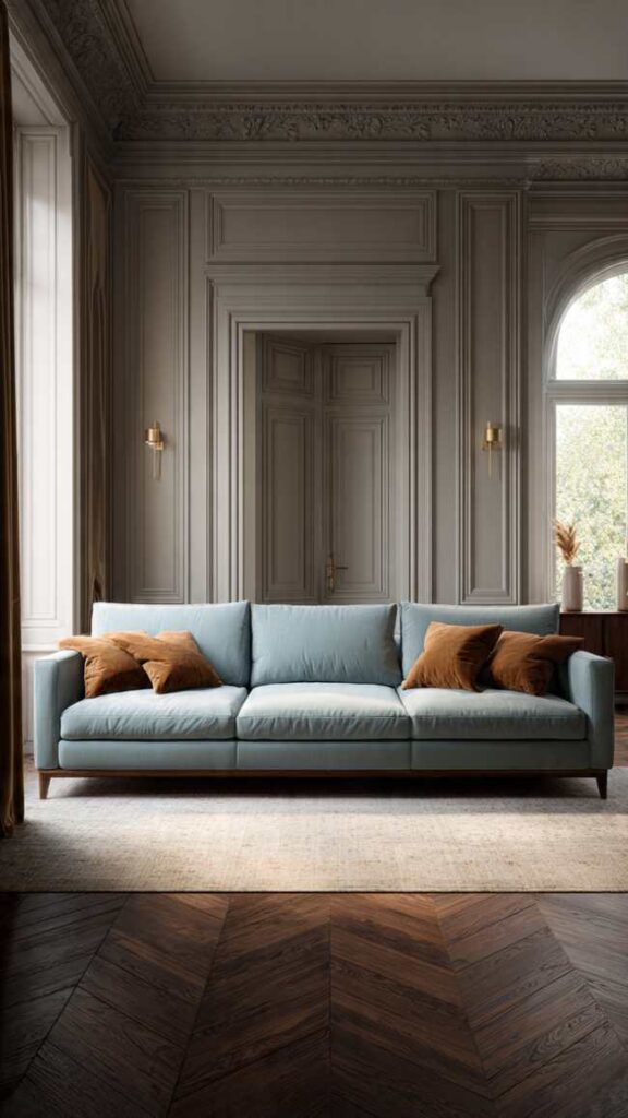 Divano celeste con parquet scuro noce e cuscini ocra terracotta