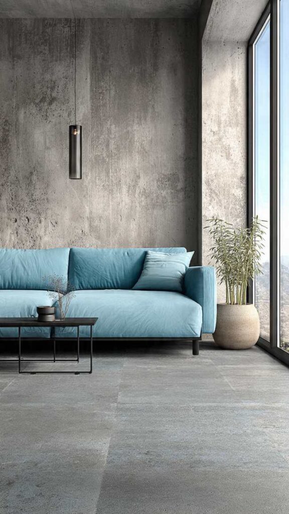 Divano celeste con pavimento microcemento grigio stile industriale