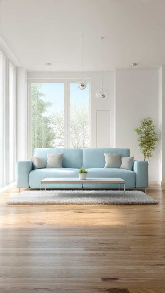 Divano celeste con metalli argento cromo stile minimalista