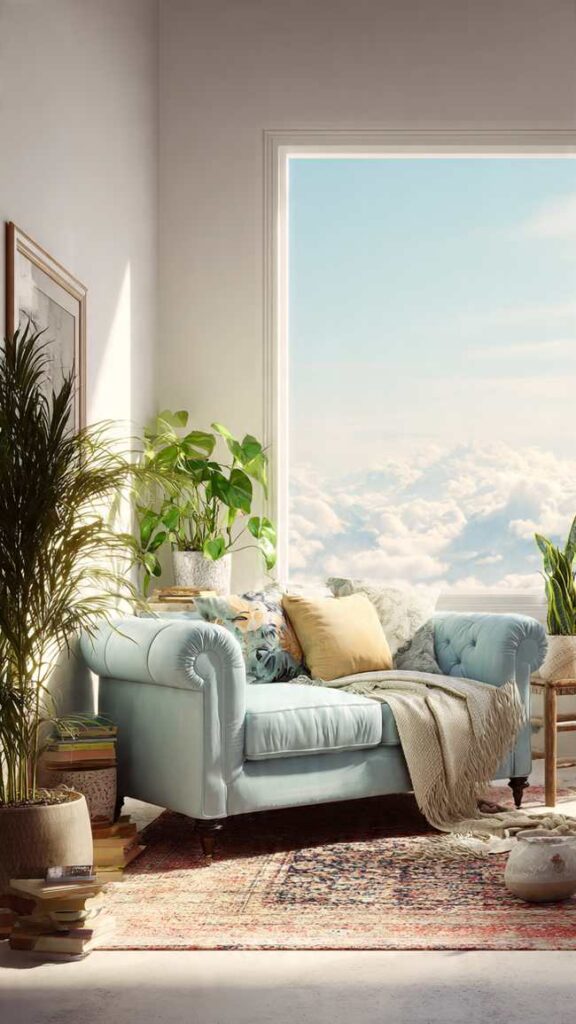 Divano celeste per soggiorno moderno luminoso ed elegante