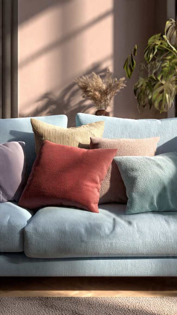 Divano celeste con cuscini mix dimensioni e texture