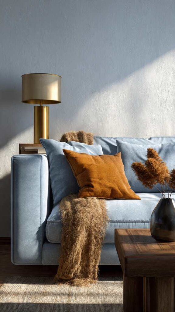 Divano celeste con accenti caldi legno ottone ocra