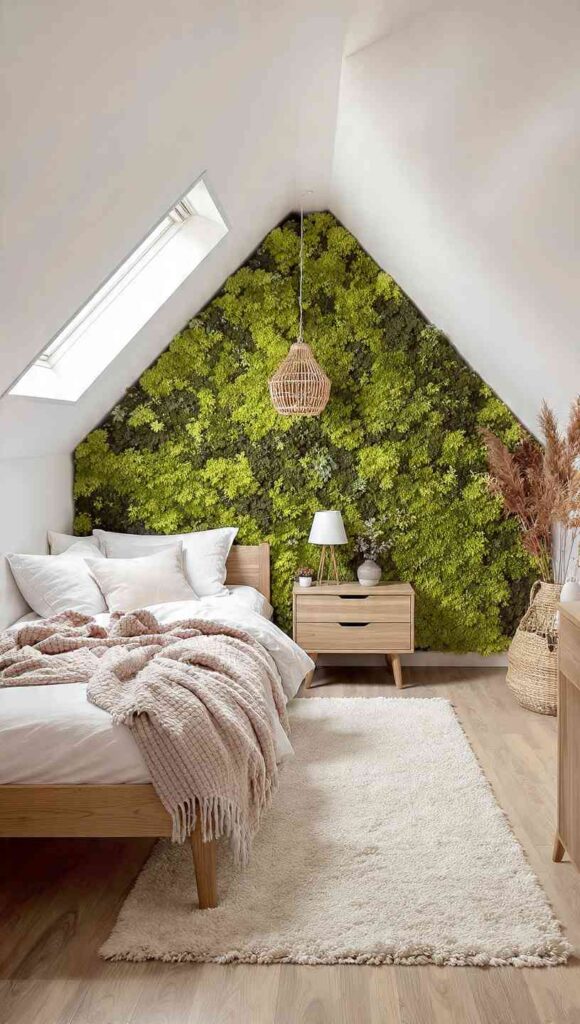 arredare mansarda stile nordico scandinavo con parete verde stabilizzato, legni chiari frassino rovere, tessuti hygge lana e lino
