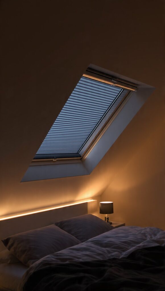 mansarda con tende oscuranti integrate su finestre tetto per privacy e controllo calore