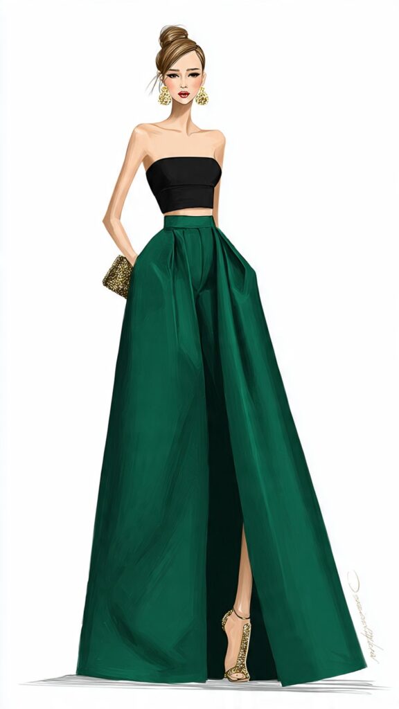 Donna in posa elegante in stile red carpet serale con gonna lunga in satin color smeraldo, top bustier nero e sandali gioiello con strass, atmosfera glamour da sera, formato verticale 9:16 senza testo