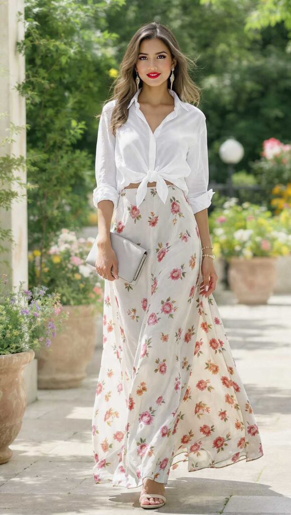 Donna elegante in occasione meno formale ma chic, indossa gonna lunga in seta con stampa floreale, camicia bianca annodata in vita e sandali con tacco. Completa il look con clutch elegante, orecchini pendenti e bracciali sottili. Equilibrio tra la ricchezza del tessuto e la semplicità dello styling, luce naturale in esterno estivo.