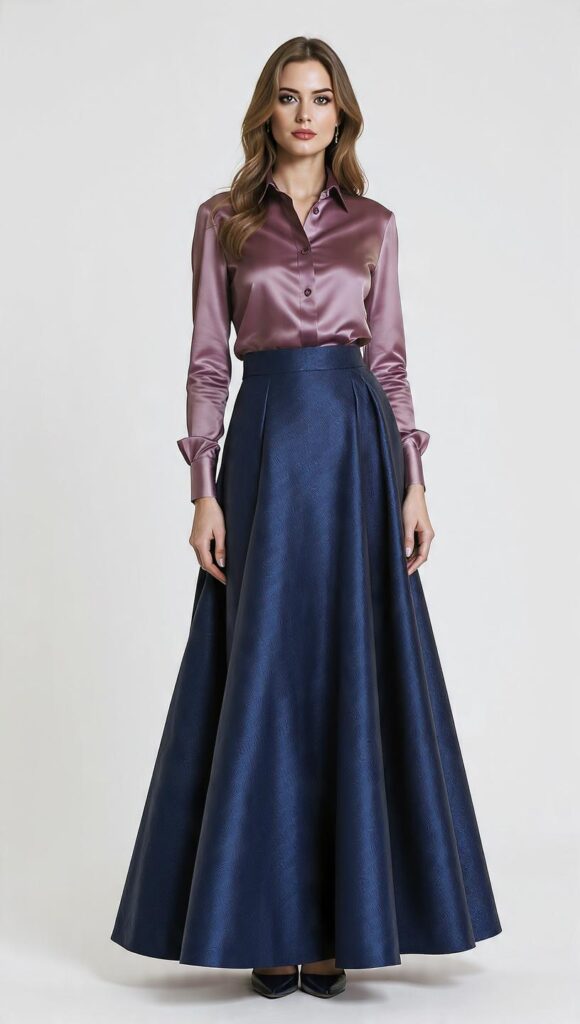 Look formale femminile con gonna lunga a campana in tessuto strutturato mikado o taffetà a tinta unita, abbinata a camicia in seta aderente e tacchi alti, composizione verticale 9:16 senza testo.
