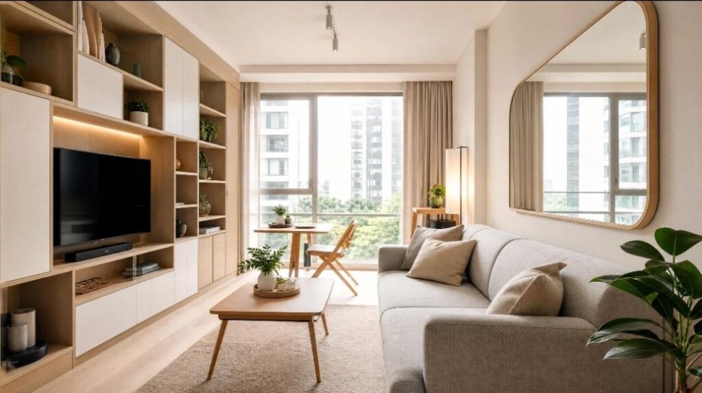 Interno di un soggiorno moderno e luminoso con soluzioni salvaspazio: parete attrezzata in legno, divano grigio compatto, specchio decorativo a parete e tavolo pieghevole vicino alla finestra.