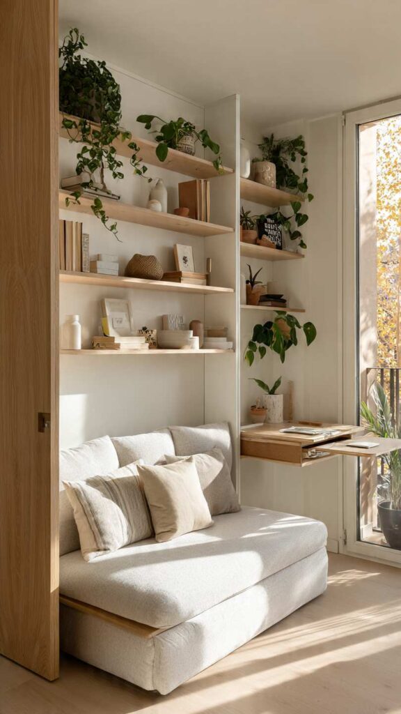 Soggiorno piccolo e luminoso con arredi salvaspazio in legno chiaro: scrivania a ribalta, mensole con oggetti curati, divano compatto e piante. Atmosfera minimal, calda e personalizzata.