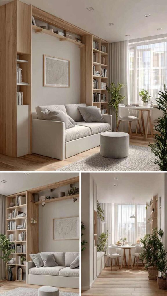 Piccolo living moderno con arredi intelligenti trasformabili: divano letto aperto, tavolo pieghevole a parete che diventa scrivania, pouf contenitore e mensole modulari. Ambiente luminoso e versatile.