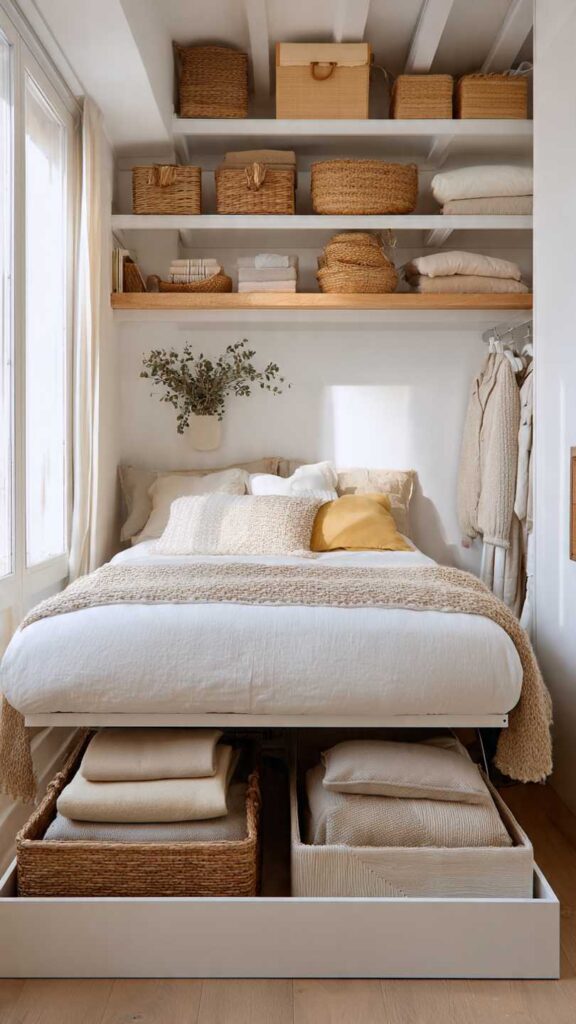Camera piccola con letto contenitore sollevato che mostra ampi scomparti sotto la rete con biancheria piegata e scatole per vestiti stagionali. Stile minimal chiaro e luminoso.