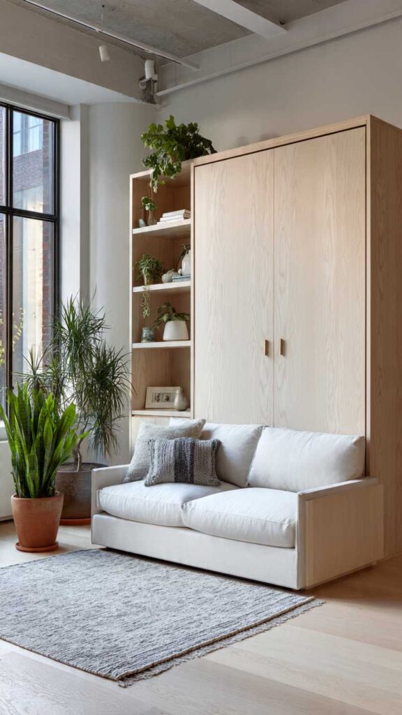 Monolocale moderno con letto a scomparsa chiuso in un mobile a parete bianco. La stanza è libera con divanetto, tappeto e piante, pavimento calpestabile liberato.