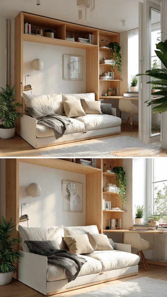 Stanza multifunzione con sistema a parete trasformabile: letto che diventa divano e integra una scrivania ribaltabile. Arredo in legno chiaro, ambiente accogliente e flessibile.