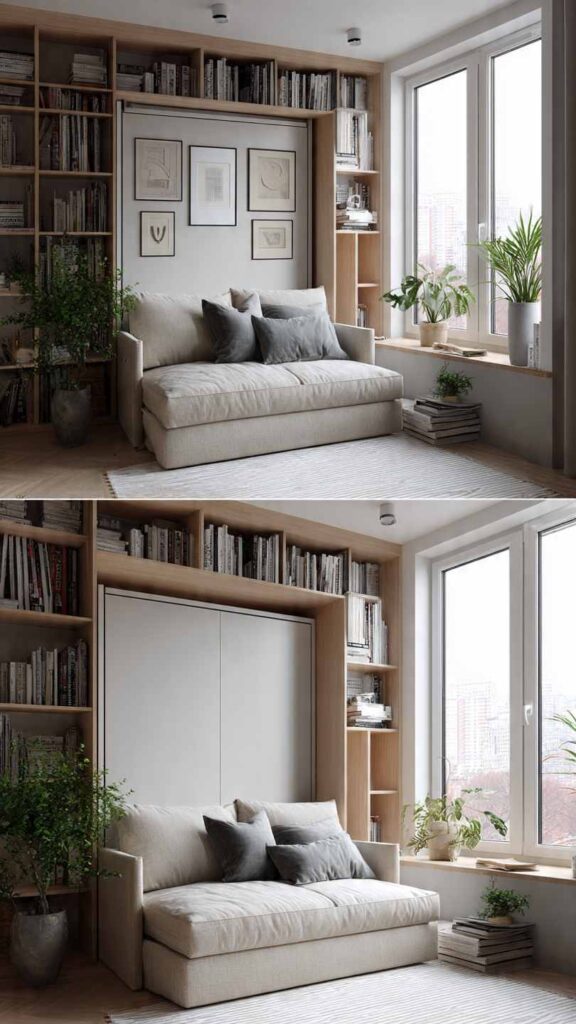 Soggiorno compatto con divano trasformabile in versione chaise longue e accenno a letto aperto per ospiti. Ambiente luminoso, palette neutra, piante e stile minimal accogliente.