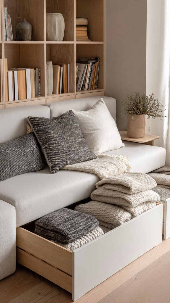 Divano moderno con seduta sollevata che mostra vani contenitore integrati con coperte, cuscini e riviste ordinate. Living piccolo, pulito e funzionale.
