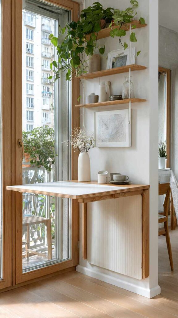 Piccolo appartamento con tavolo a ribalta pieghevole a parete e consolle estendibile in legno chiaro. Ambiente minimal luminoso con piante.