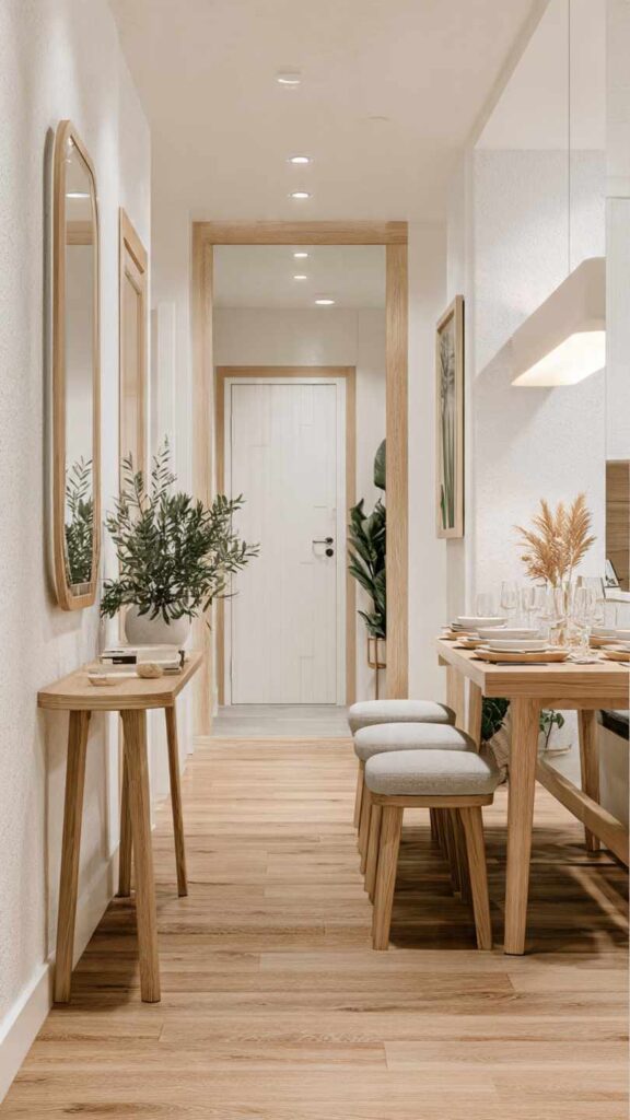 Ingresso stretto con consolle sottile che si estende in un tavolo da pranzo apparecchiato per 4-6 persone. Stile moderno, toni chiari e accoglienti.