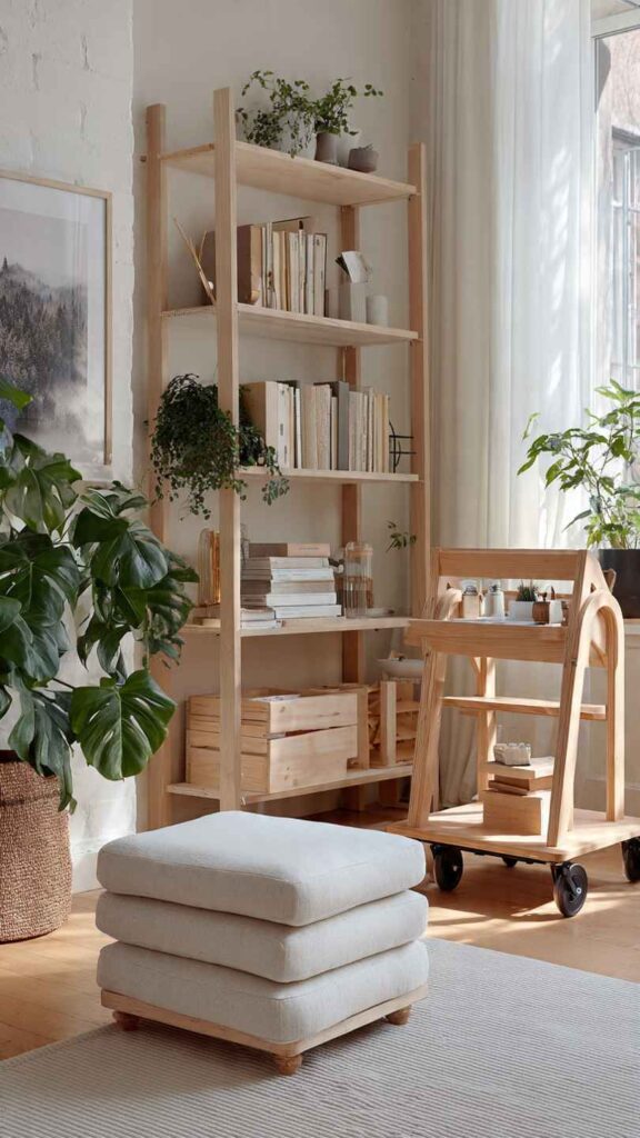 Living compatto con sedie pieghevoli impilabili appoggiate al muro, pouf contenitore aperto e carrello multiuso su ruote. Spazio ordinato e luminoso.