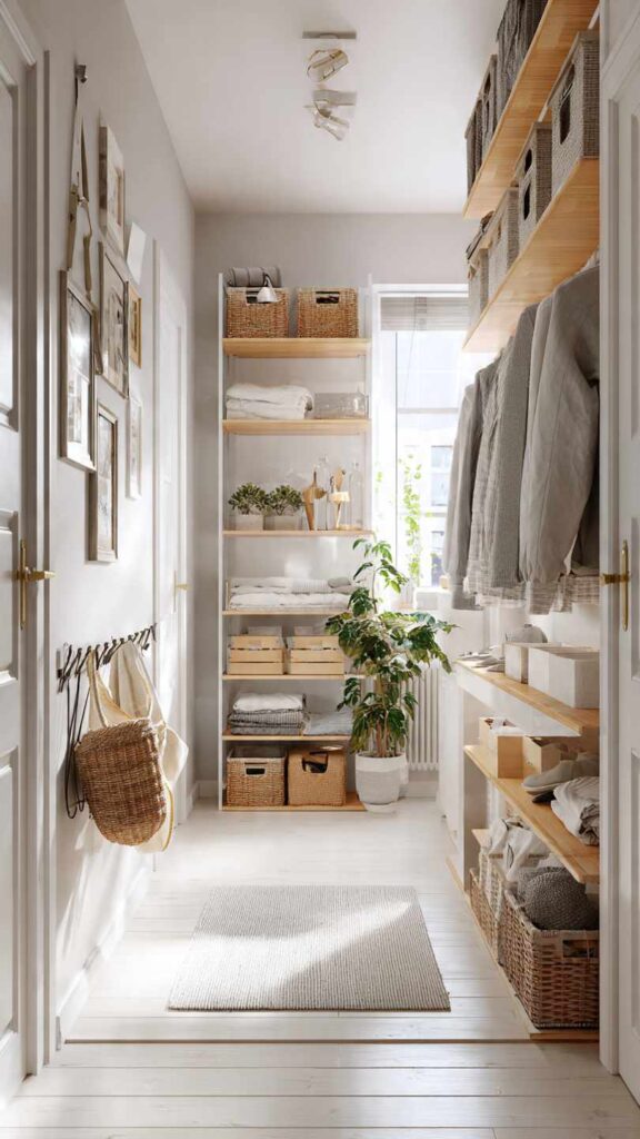 Stanza piccola con libreria a tutta altezza, pensili a parete e organizer sospesi. Pavimento libero e arioso, palette legno chiaro e bianco, luce naturale e piante.