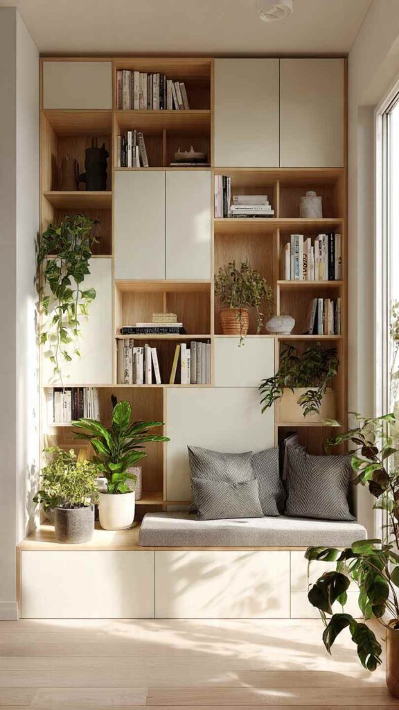 Soggiorno piccolo con sistema libreria modulare in legno chiaro e bianco, con vani chiusi per nascondere disordine e mensole aperte con libri e oggetti decorativi. Composizione bilanciata e luminosa.