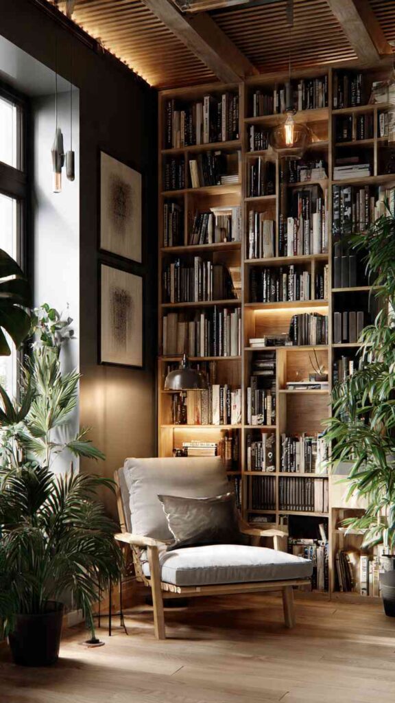 Stanza accogliente con libreria a tutta altezza che copre un’intera parete, piena di libri e oggetti curati. Poltrona lettura, luce calda, soffitto che sembra più alto