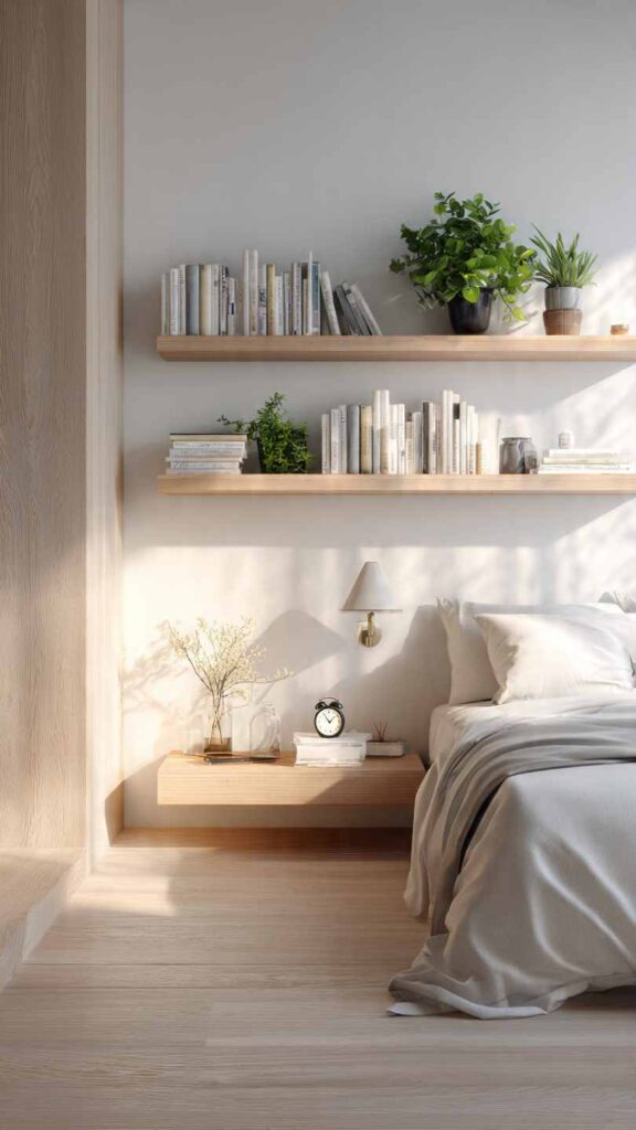 Camera da letto piccola con mensole sospese sopra il letto con libri e pianta, comodino completamente libero e ordinato. Atmosfera minimal e accogliente.
