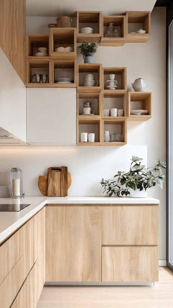 Cucina piccola moderna con pensili a parete e mensole con supporti invisibili di lunghezze e profondità diverse. Nessun mobile a terra ingombrante, ambiente luminoso e arioso.