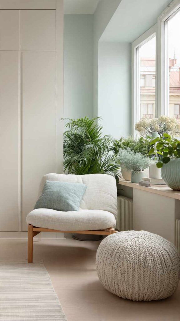 Stanza piccola luminosa con pareti in bianco, beige, grigio chiaro e accenti azzurro pastello e verde menta. Ambiente arioso, arredo minimal, luce naturale che riflette.