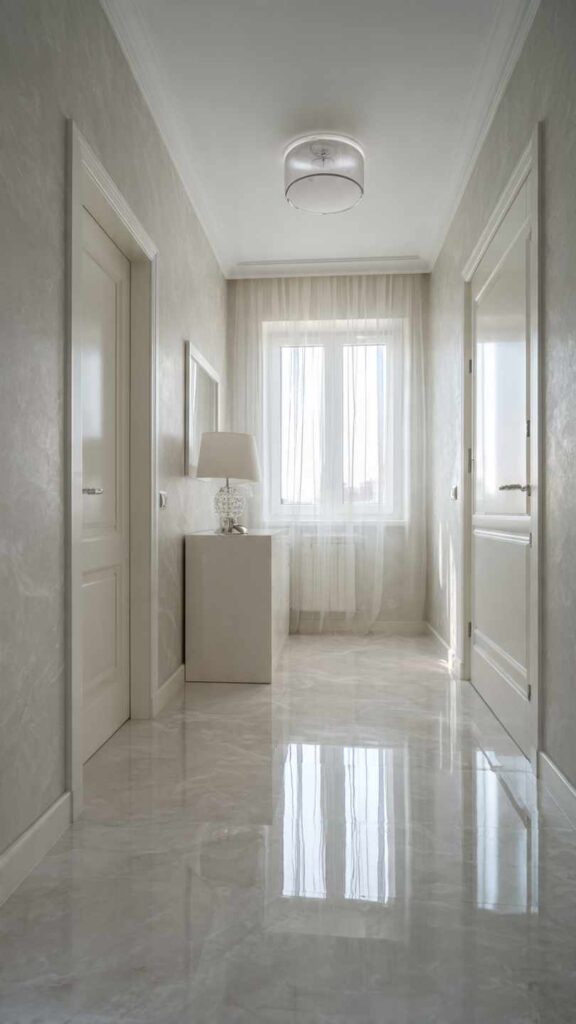 Piccolo ambiente con pareti a finitura lucida o semi-lucida che riflettono la luce naturale, sensazione di maggiore ampiezza. Arredo essenziale e tonalità neutre