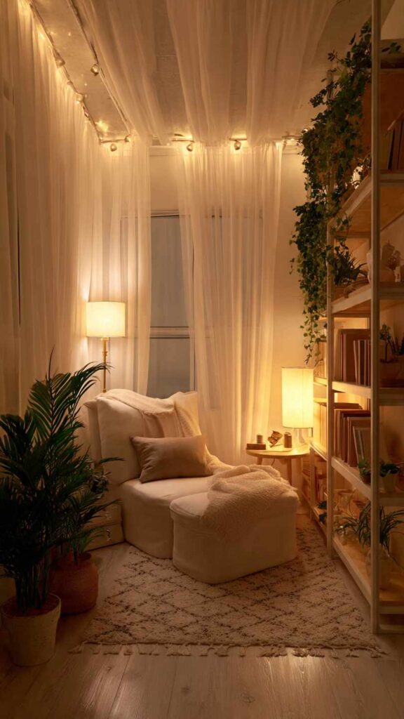 Stanza piccola accogliente con illuminazione stratificata: plafoniera a soffitto, lampada da terra, lampada da tavolo e striscia LED. Atmosfera calda e avvolgente.