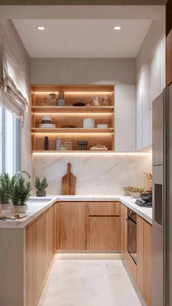 Cucina piccola moderna con strisce LED sotto i pensili e dietro le mensole che creano effetto sospeso e profondità. Stile pulito bianco e legno chiaro.