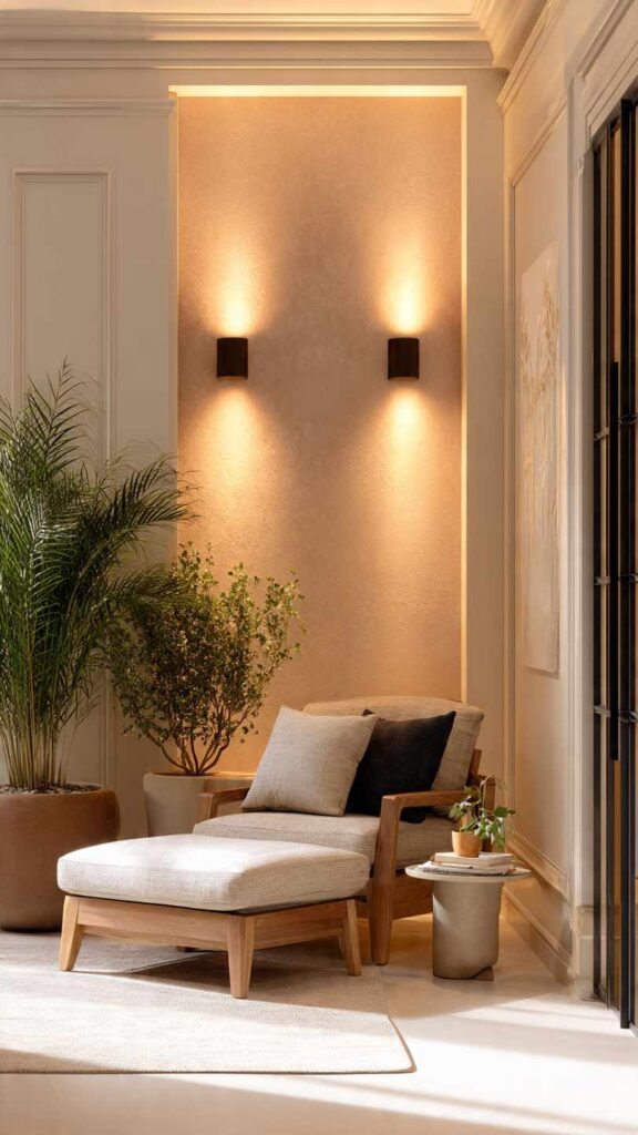 Ambiente piccolo con applique a parete e uplight che dirigono lo sguardo verso l’alto, soffitto che appare più alto. Palette neutra e atmosfera rilassata.